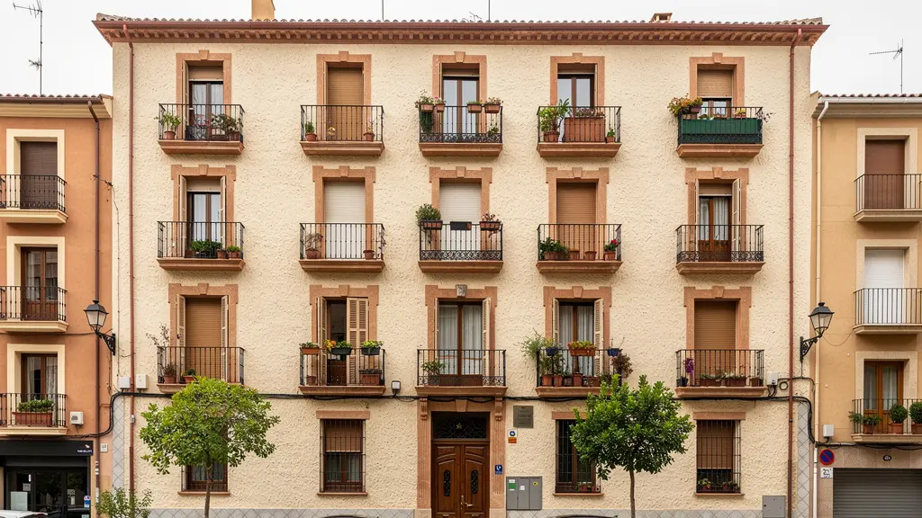 Fachada de edificio de apartamentos mediterráneo típico español en barrio residencial