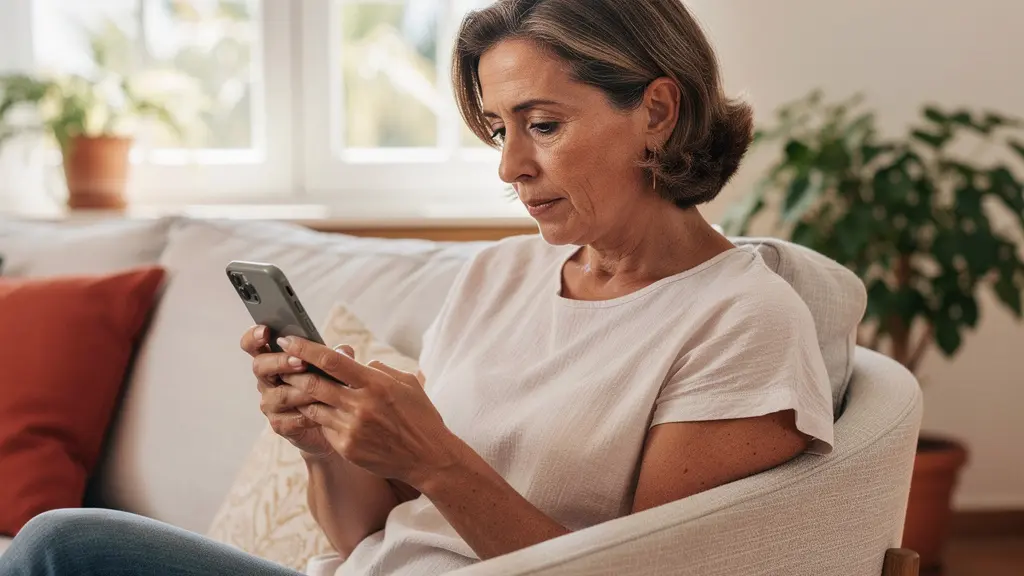 Propietaria española consultando tasación inmobiliaria gratuita en su móvil desde el salón